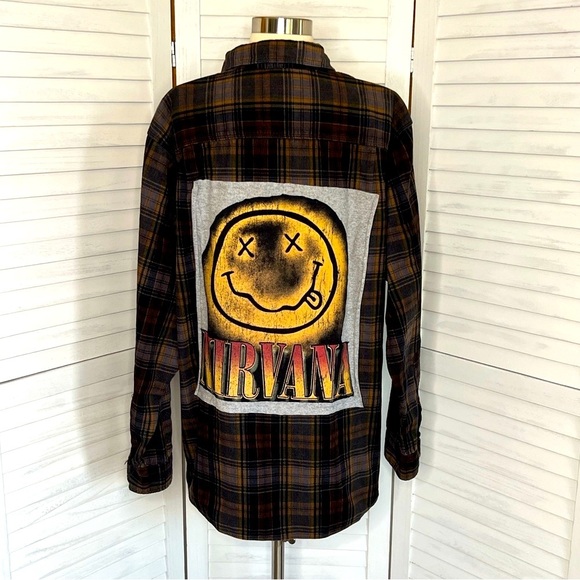 Wearable Art Flannel Shirt Nirvana Dark Plaid DIY Upcycled Oversized Relaxed - Picture 13 of 13